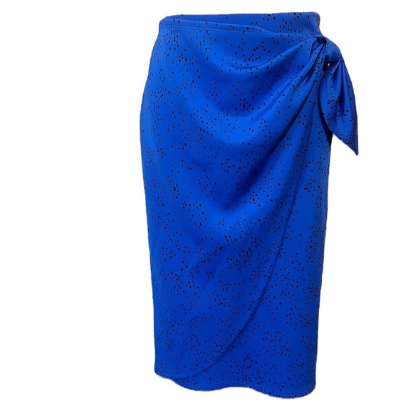 Bold Elements Small Blue Polka Dot Faux Wrap Midi Pencil Skirt Elastic Waist - Picture 2 of 8